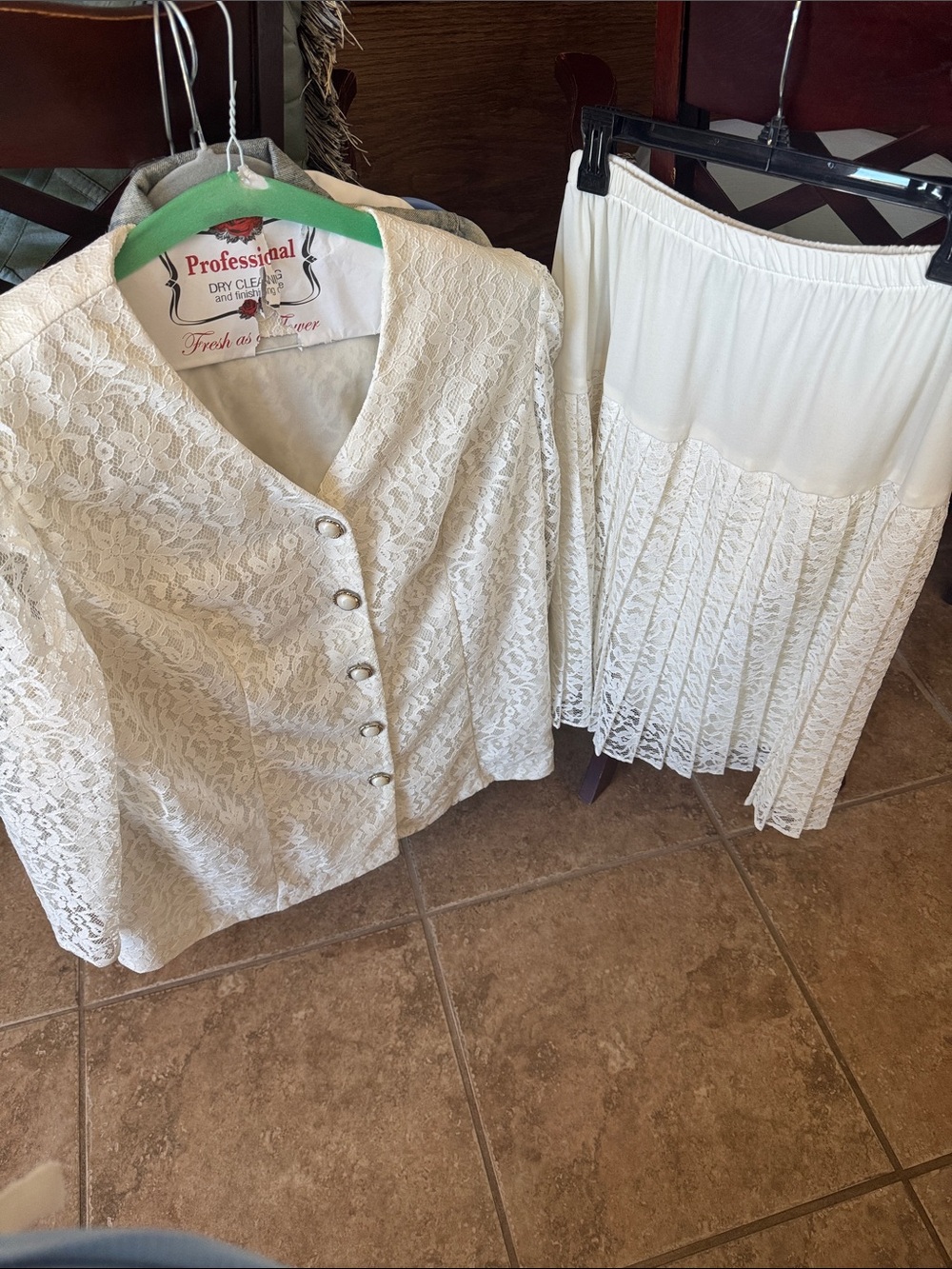 Two piece lacey jacket and skirt set